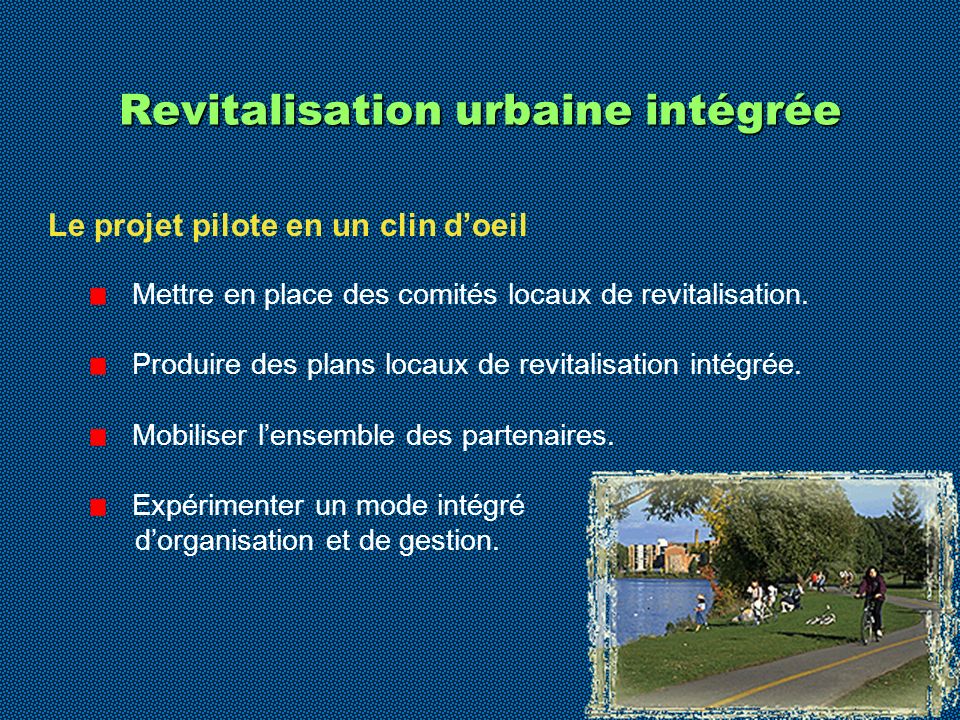 6 Revitalisation urbaine intégrée Le projet pilote en un clin doeil Mettre en place des comités locaux de revitalisation.