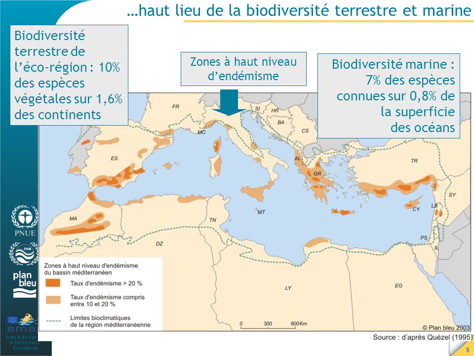 Avec le soutien de la Commission Européenne 5 …haut lieu de la biodiversité terrestre et marine Biodiversité terrestre de léco-région : 10% des espèces végétales sur 1,6% des continents Biodiversité marine : 7% des espèces connues sur 0,8% de la superficie des océans Zones à haut niveau dendémisme