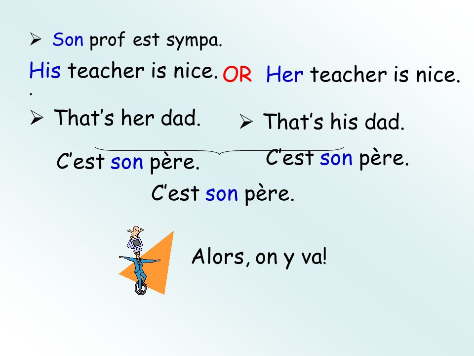 Son prof est sympa.. His teacher is nice. OR Her teacher is nice.