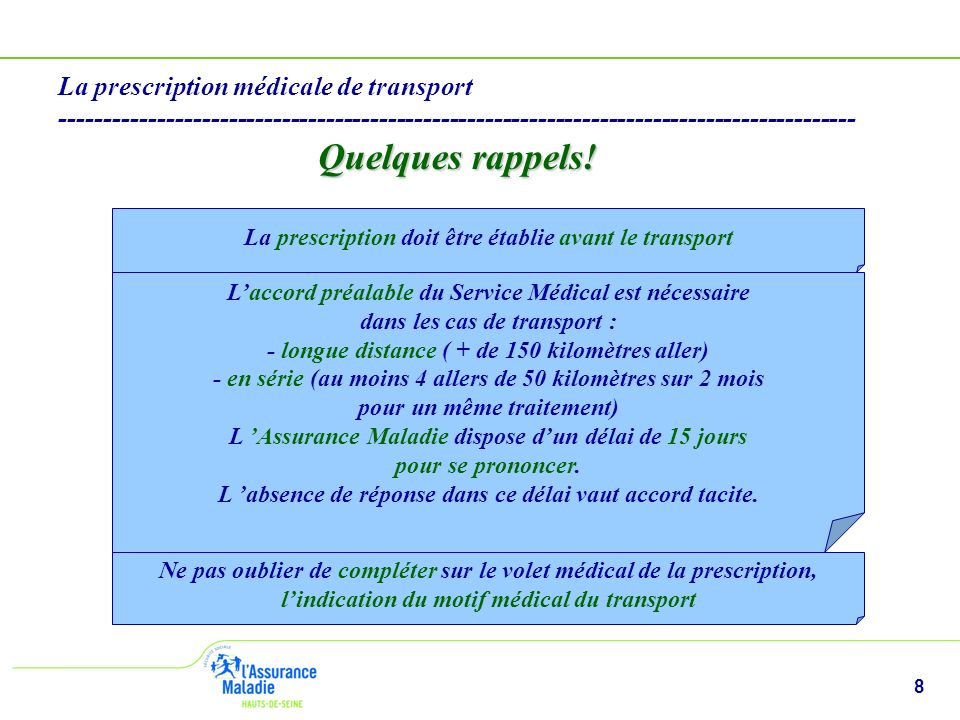 8 La prescription médicale de transport Quelques rappels.