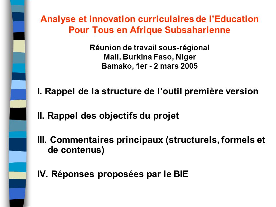 Analyse et innovation curriculaires de lEducation Pour Tous en Afrique Subsaharienne I.