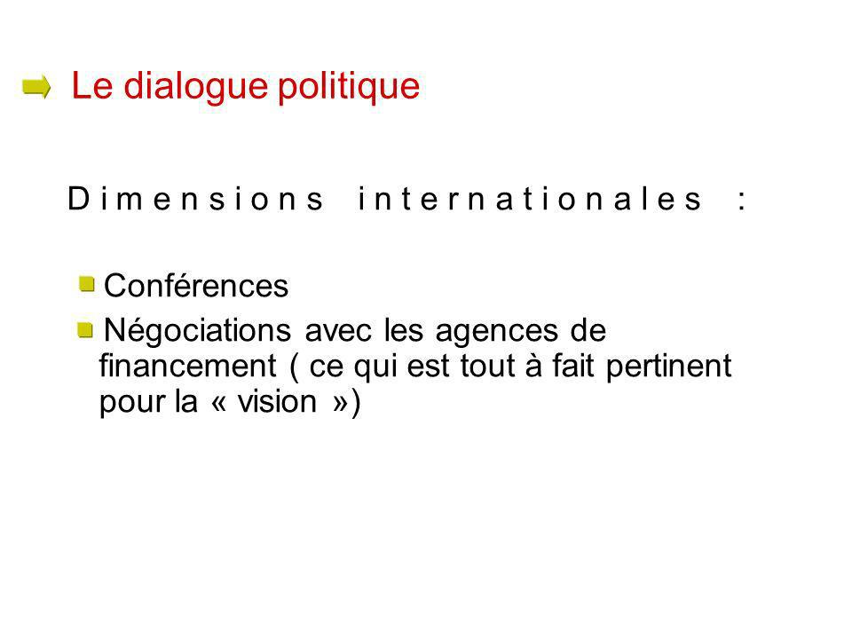 Dimensions internationales : Conférences Négociations avec les agences de financement ( ce qui est tout à fait pertinent pour la « vision ») Le dialogue politique