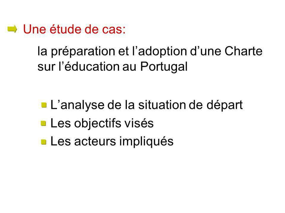 Lanalyse de la situation de départ Les objectifs visés Les acteurs impliqués la préparation et ladoption dune Charte sur léducation au Portugal Une étude de cas:
