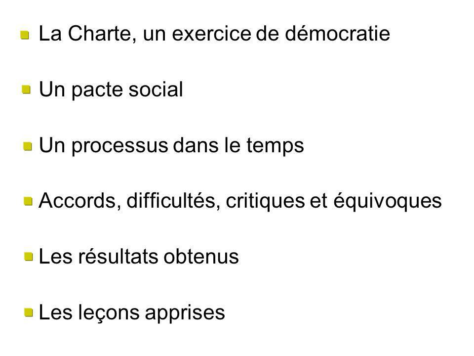 La Charte, un exercice de démocratie Un pacte social Un processus dans le temps Accords, difficultés, critiques et équivoques Les résultats obtenus Les leçons apprises