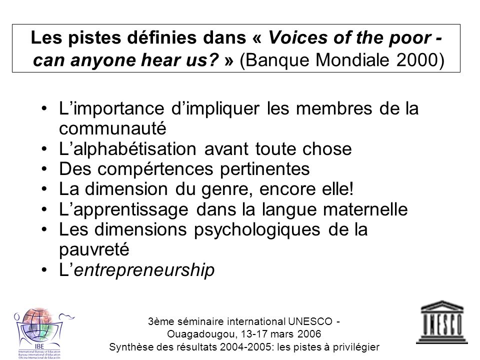 Les pistes définies dans « Voices of the poor - can anyone hear us.