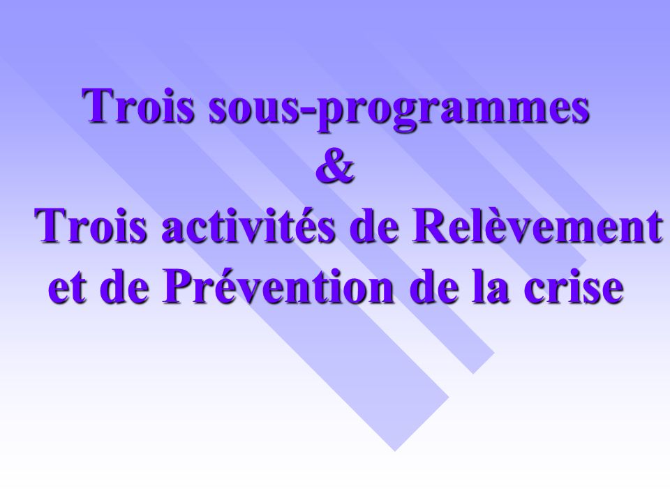 Trois sous-programmes & Trois activités de Relèvement et de Prévention de la crise