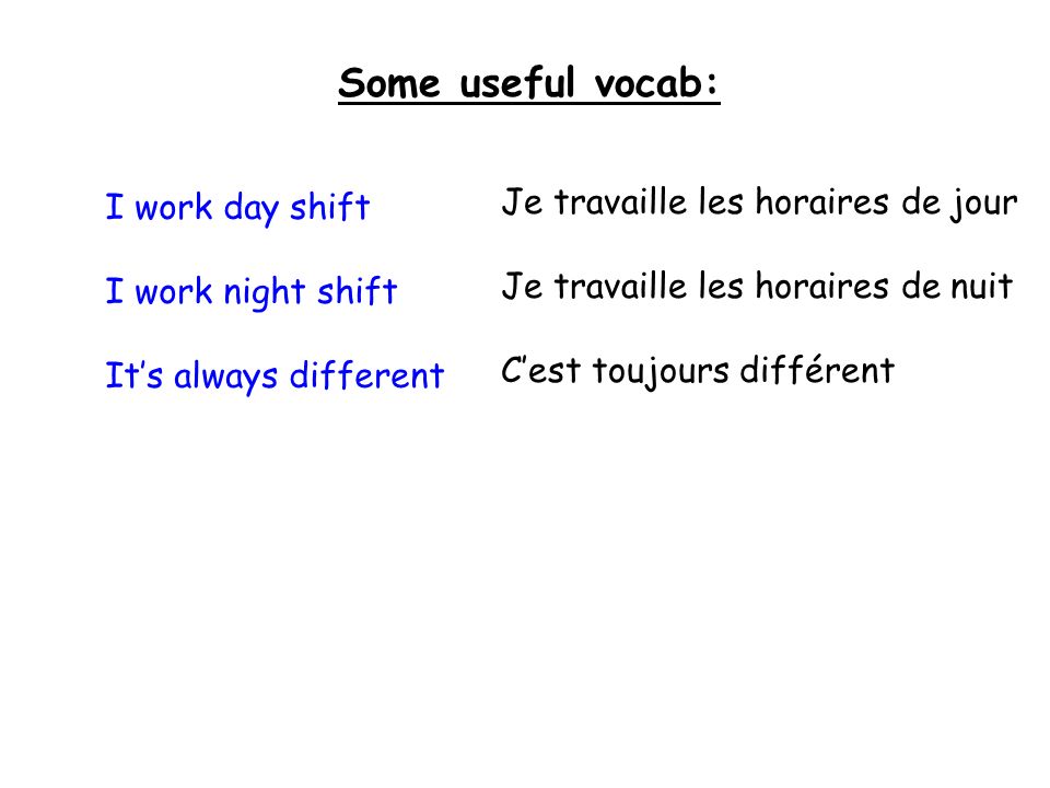 Some useful vocab: I work day shift I work night shift Its always different Je travaille les horaires de jour Je travaille les horaires de nuit Cest toujours différent