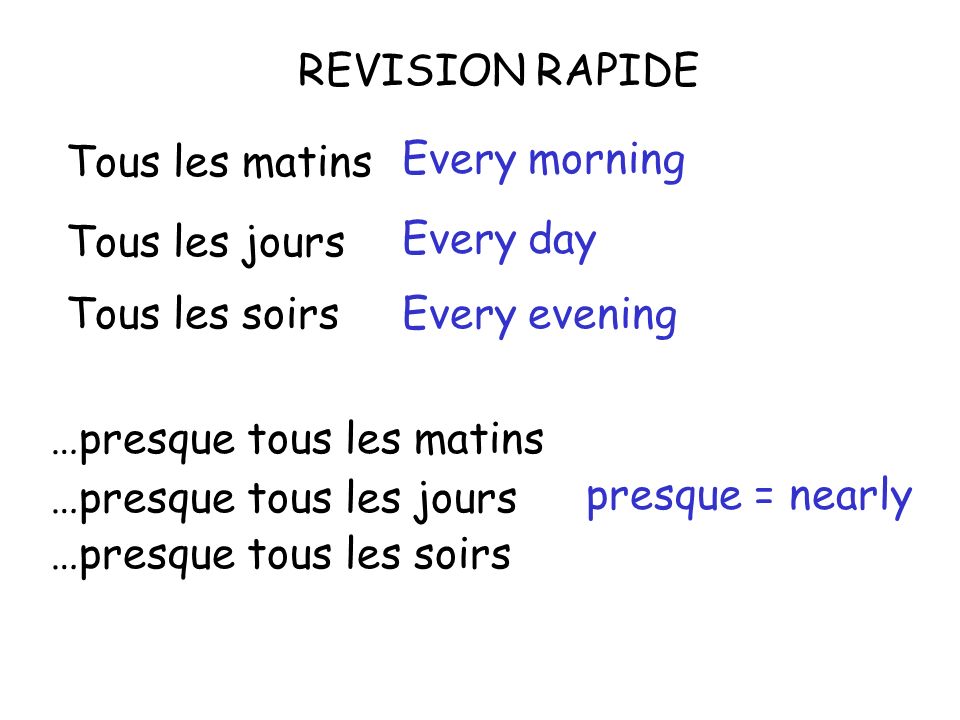 REVISION RAPIDE Tous les matins Tous les jours Tous les soirs …presque tous les jours …presque tous les matins …presque tous les soirs Every morning Every day Every evening presque = nearly