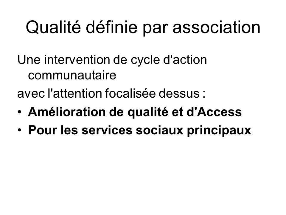 Qualité définie par association Une intervention de cycle d action communautaire avec l attention focalisée dessus : Amélioration de qualité et d Access Pour les services sociaux principaux