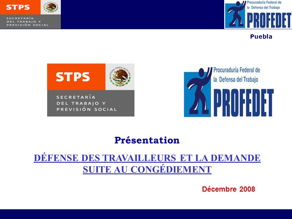 Puebla Présentation DÉFENSE DES TRAVAILLEURS ET LA DEMANDE SUITE AU CONGÉDIEMENT Décembre 2008