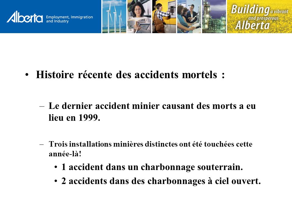 Histoire récente des accidents mortels : –Le dernier accident minier causant des morts a eu lieu en 1999.