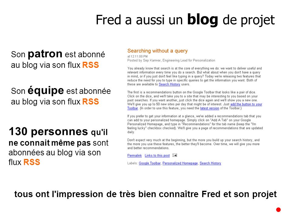 Son patron est abonné au blog via son flux RSS 130 personnes qu il ne connait même pas sont abonnées au blog via son flux RSS tous ont l impression de très bien connaître Fred et son projet Fred a aussi un blog de projet Son équipe est abonnée au blog via son flux RSS