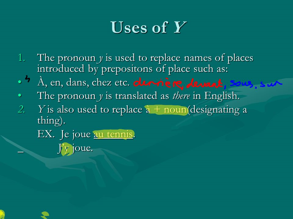 Uses of Y 1.The pronoun y is used to replace names of places introduced by prepositons of place such as: À, en, dans, chez etc.À, en, dans, chez etc.