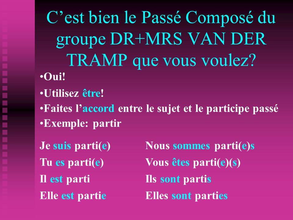 Cest bien le Passé Composé du groupe DR+MRS VAN DER TRAMP que vous voulez.