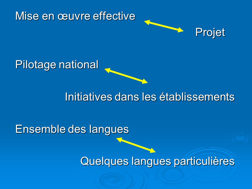 Mise en œuvre effective Projet Projet Pilotage national Initiatives dans les établissements Initiatives dans les établissements Ensemble des langues Quelques langues particulières Quelques langues particulières