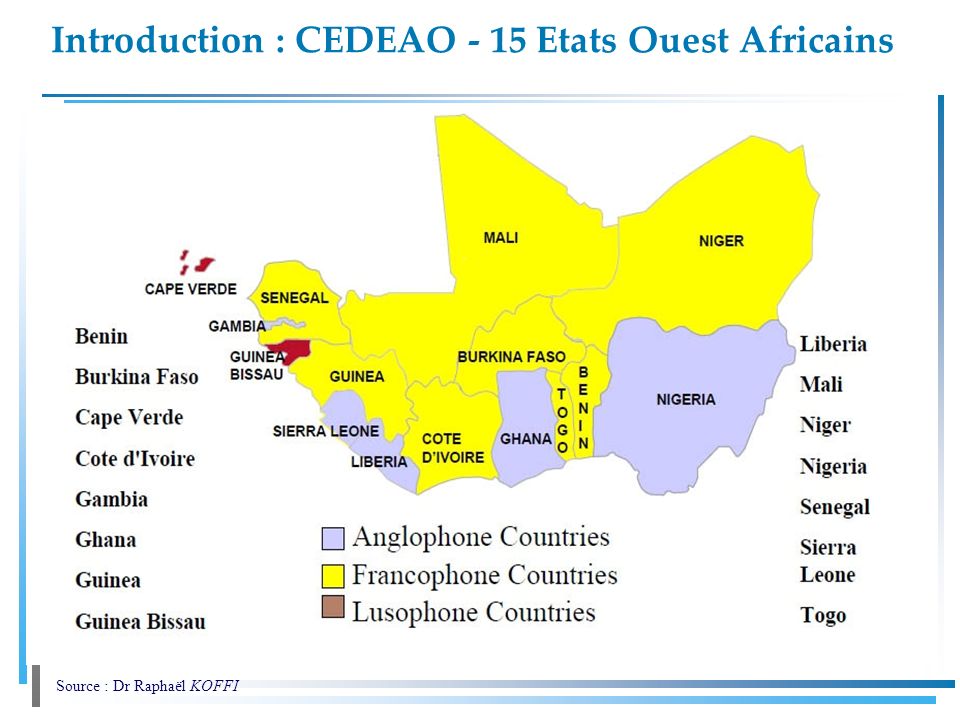 Introduction : CEDEAO - 15 Etats Ouest Africains. Source : Dr Raphaël KOFFI