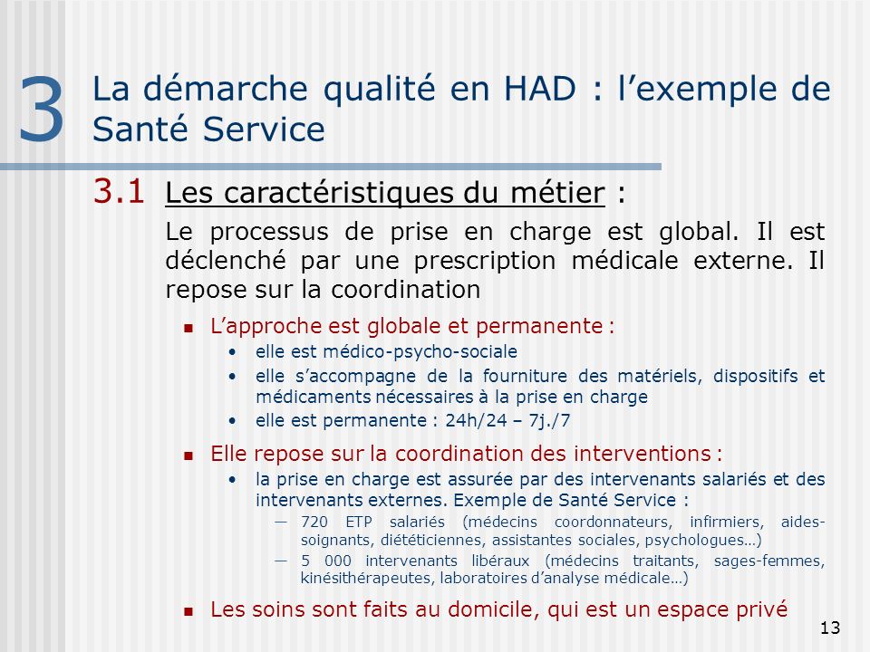 13 La démarche qualité en HAD : lexemple de Santé Service Les caractéristiques du métier : Le processus de prise en charge est global.
