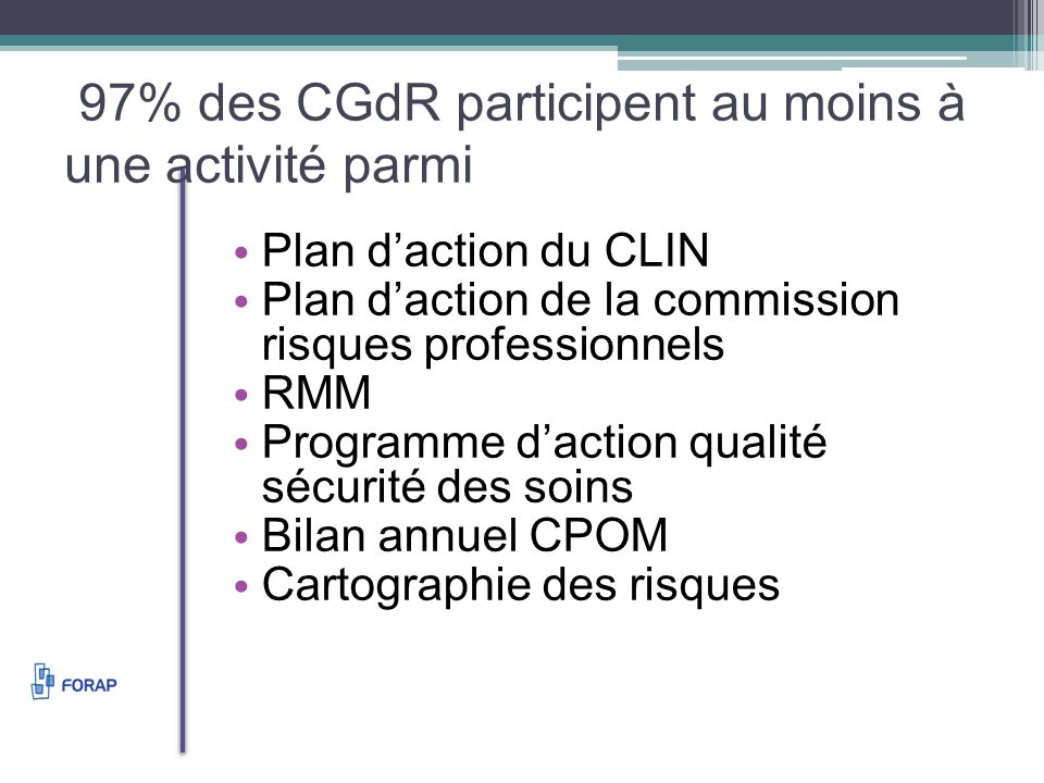 97% des CGdR participent au moins à une activité parmi Plan daction du CLIN Plan daction de la commission risques professionnels RMM Programme daction qualité sécurité des soins Bilan annuel CPOM Cartographie des risques