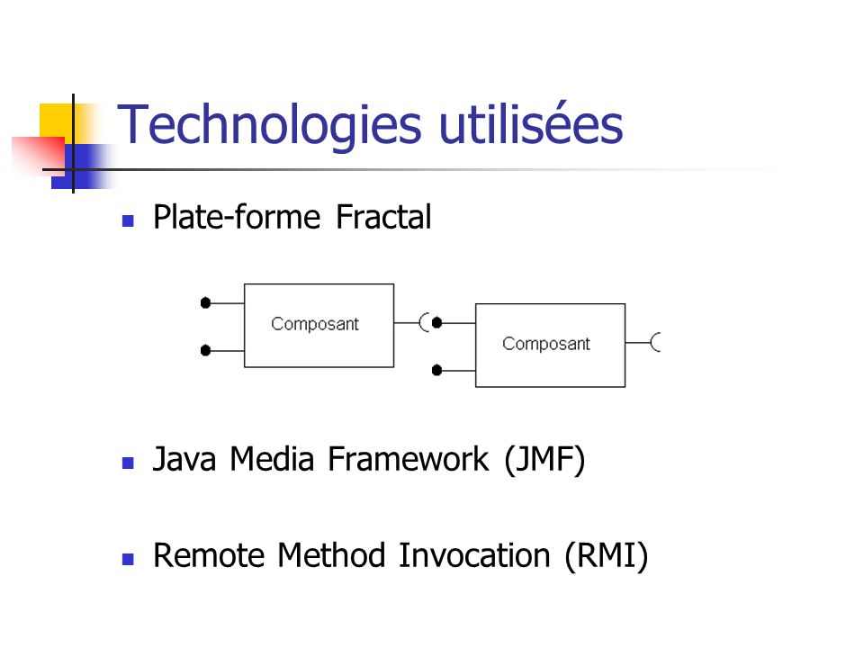 Technologies utilisées Plate-forme Fractal Java Media Framework (JMF) Remote Method Invocation (RMI)