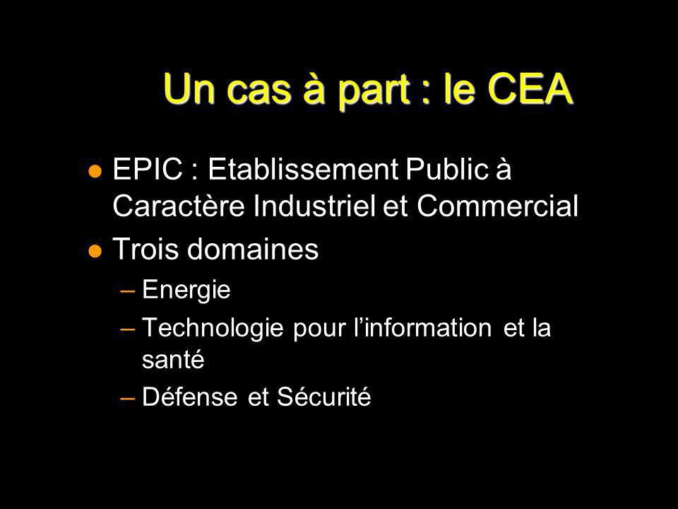 Un cas à part : le CEA l EPIC : Etablissement Public à Caractère Industriel et Commercial l Trois domaines –Energie –Technologie pour linformation et la santé –Défense et Sécurité