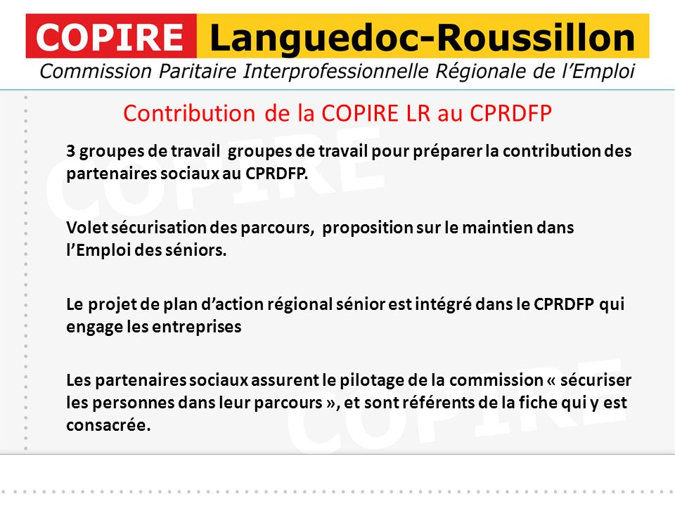 Contribution de la COPIRE LR au CPRDFP 3 groupes de travail groupes de travail pour préparer la contribution des partenaires sociaux au CPRDFP.