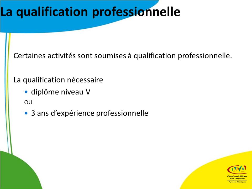 La qualification professionnelle Certaines activités sont soumises à qualification professionnelle.