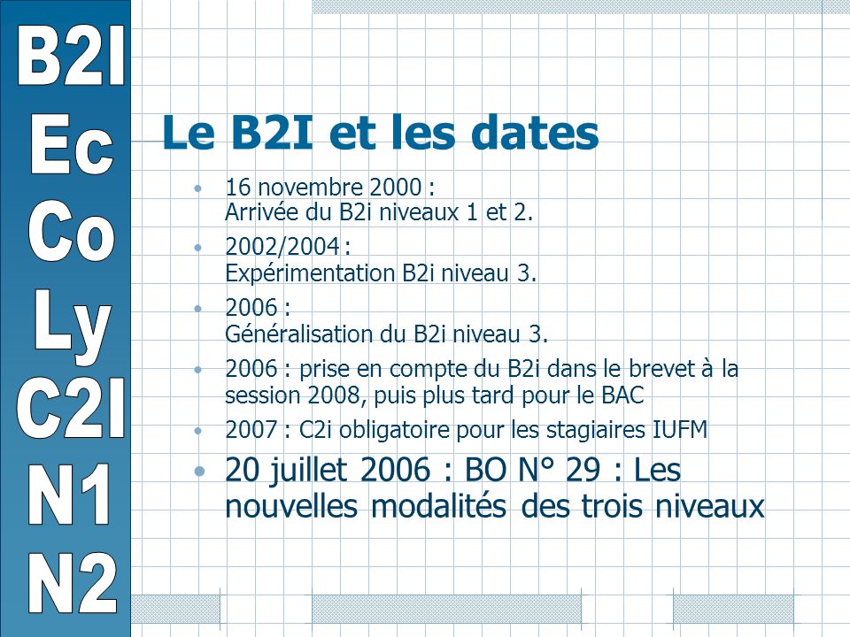Le B2I et les dates 16 novembre 2000 : Arrivée du B2i niveaux 1 et 2.