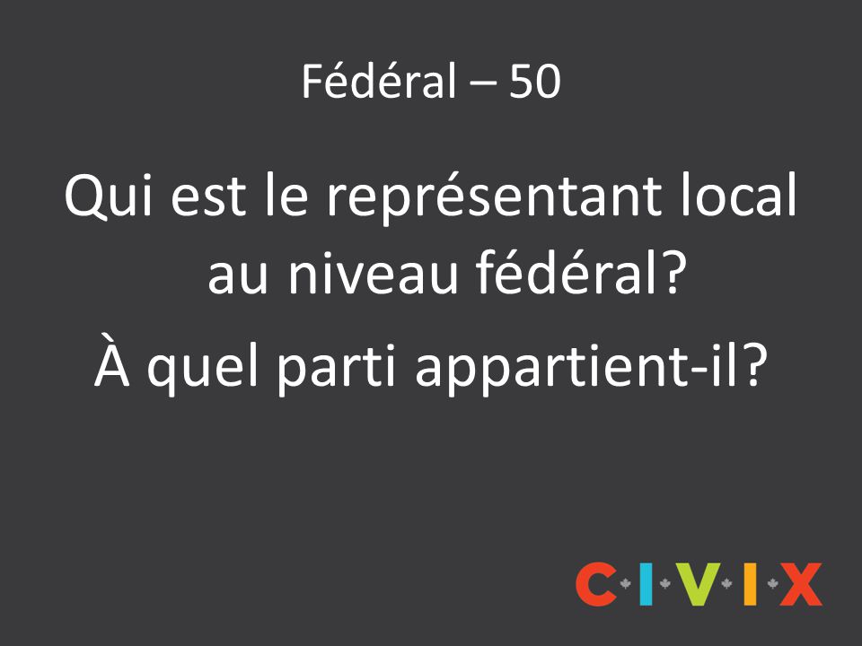 Fédéral – 50 Qui est le représentant local au niveau fédéral À quel parti appartient-il