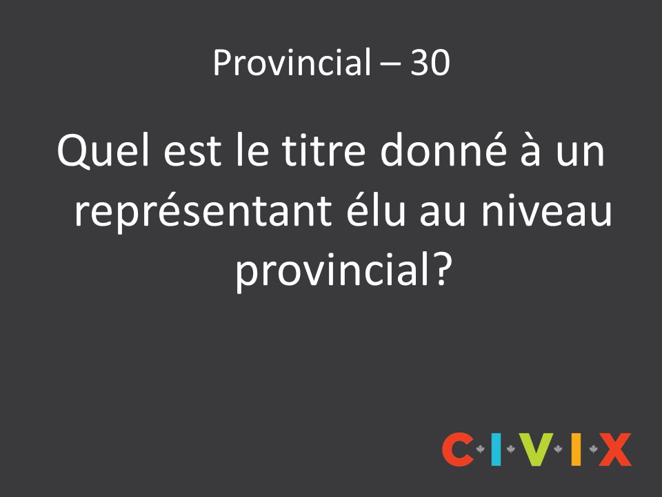 Provincial – 30 Quel est le titre donné à un représentant élu au niveau provincial