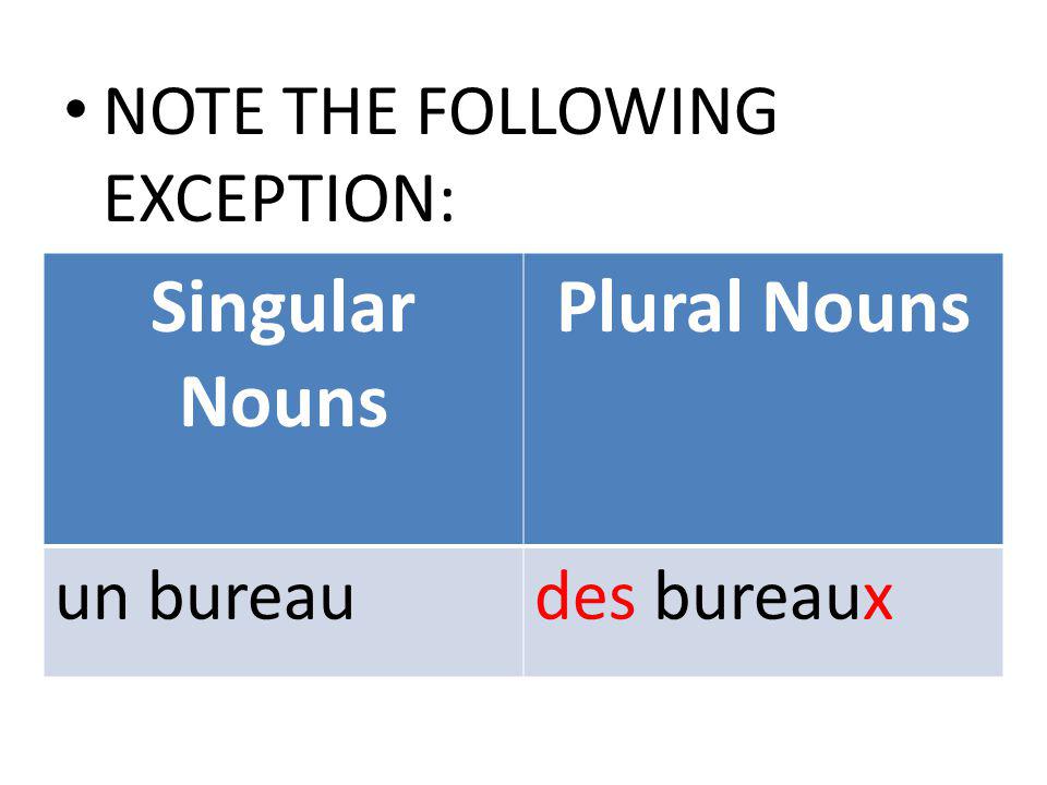 Singular Nouns Plural Nouns un bureaudes bureaux NOTE THE FOLLOWING EXCEPTION: