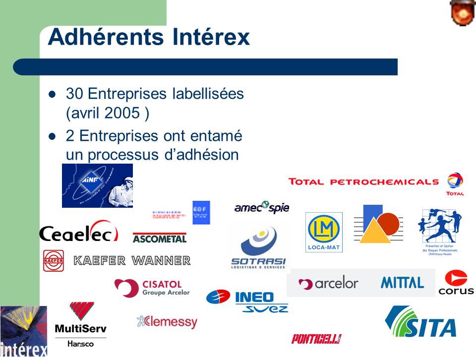 Adhérents Intérex 30 Entreprises labellisées (avril 2005 ) 2 Entreprises ont entamé un processus d’adhésion