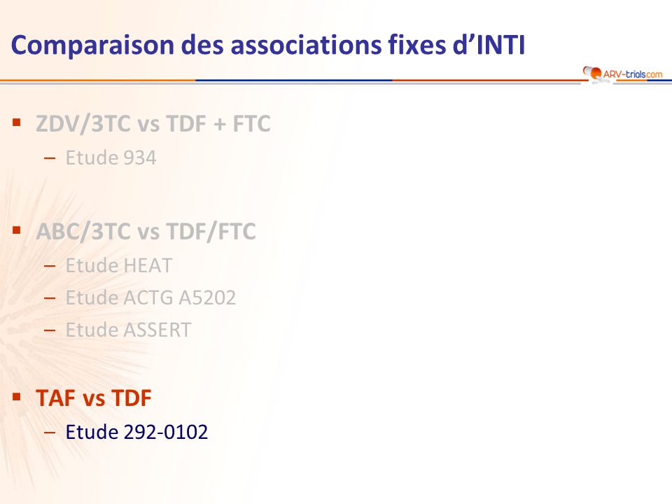 Comparaison des associations fixes d’INTI  ZDV/3TC vs TDF + FTC –Etude 934  ABC/3TC vs TDF/FTC –Etude HEAT –Etude ACTG A5202 –Etude ASSERT  TAF vs TDF –Etude