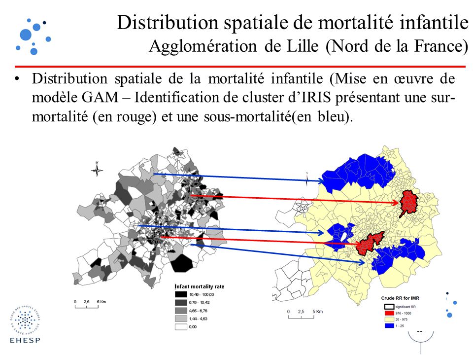11 Distribution spatiale de la mortalité infantile (Mise en œuvre de modèle GAM – Identification de cluster d’IRIS présentant une sur- mortalité (en rouge) et une sous-mortalité(en bleu).