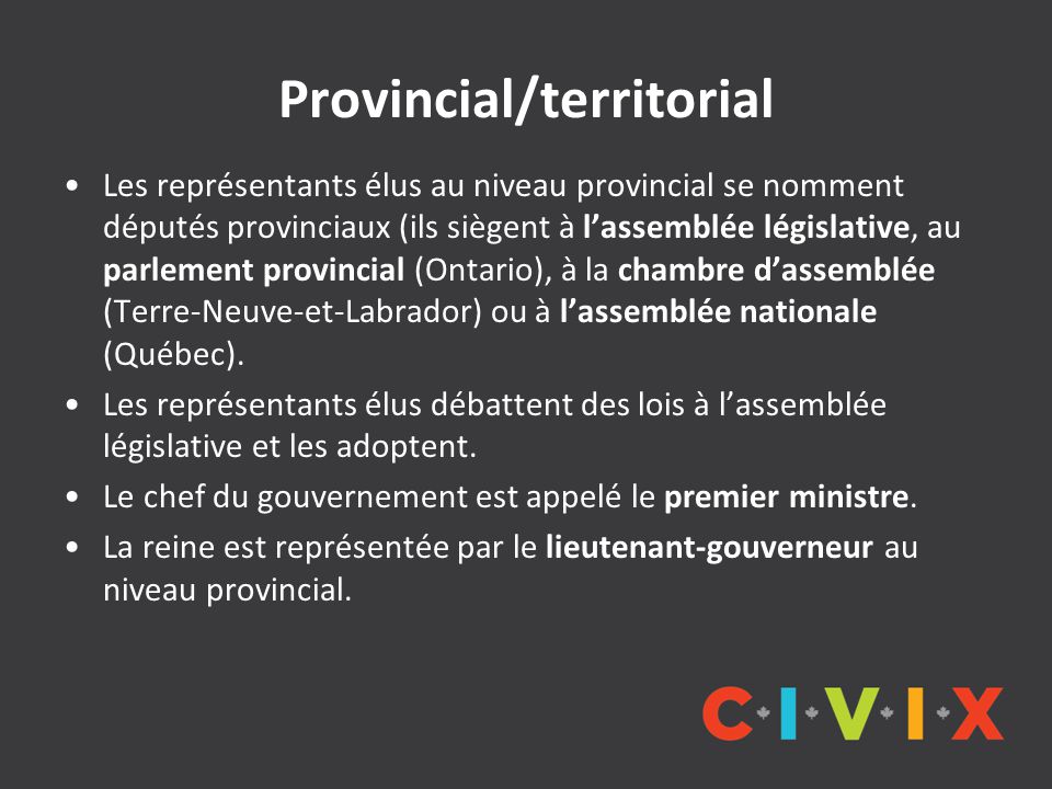 Provincial/territorial Les représentants élus au niveau provincial se nomment députés provinciaux (ils siègent à l’assemblée législative, au parlement provincial (Ontario), à la chambre d’assemblée (Terre-Neuve-et-Labrador) ou à l’assemblée nationale (Québec).