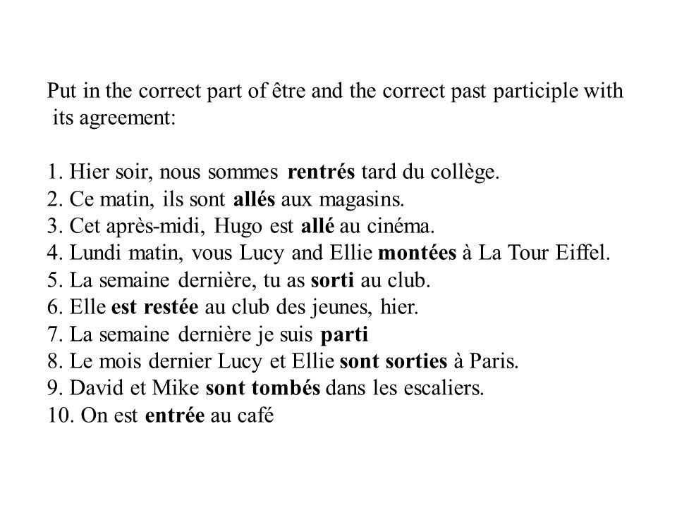 Put in the correct part of être and the correct past participle with its agreement.
