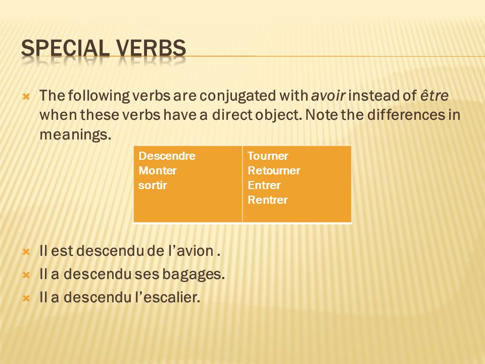  The following verbs are conjugated with avoir instead of être when these verbs have a direct object.