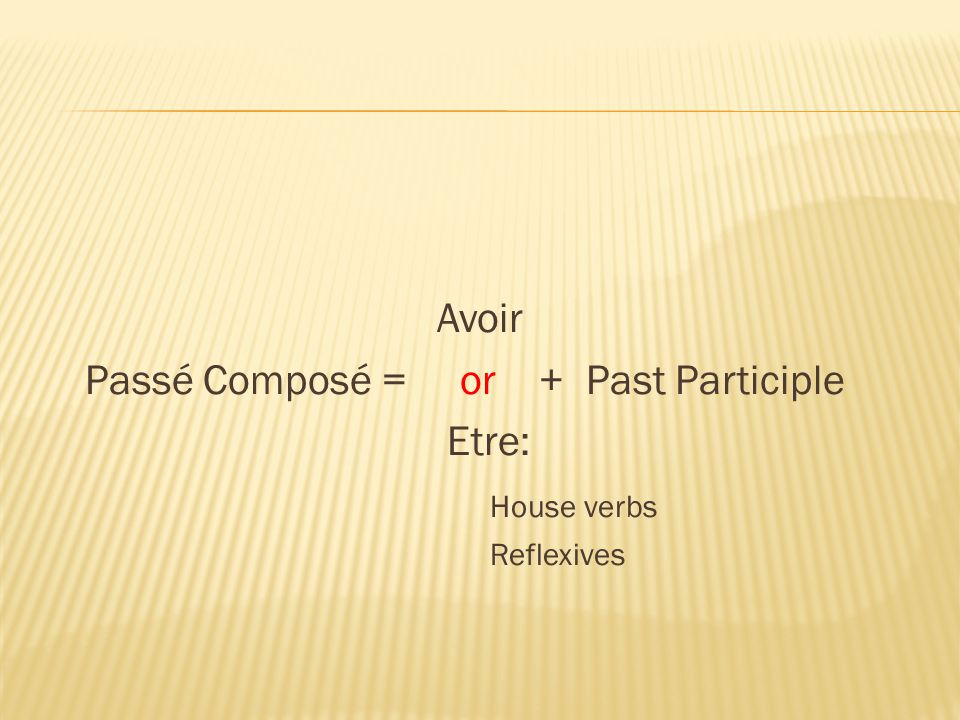Avoir Passé Composé = or + Past Participle Etre: House verbs Reflexives