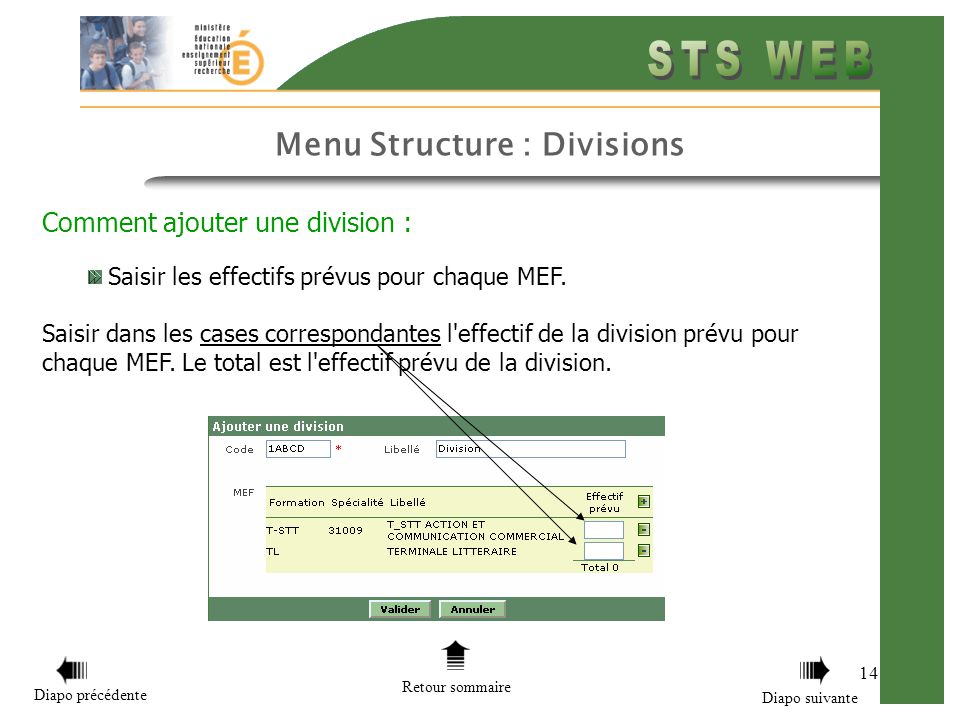 Menu Structure : Divisions 14 Comment ajouter une division : Saisir les effectifs prévus pour chaque MEF.