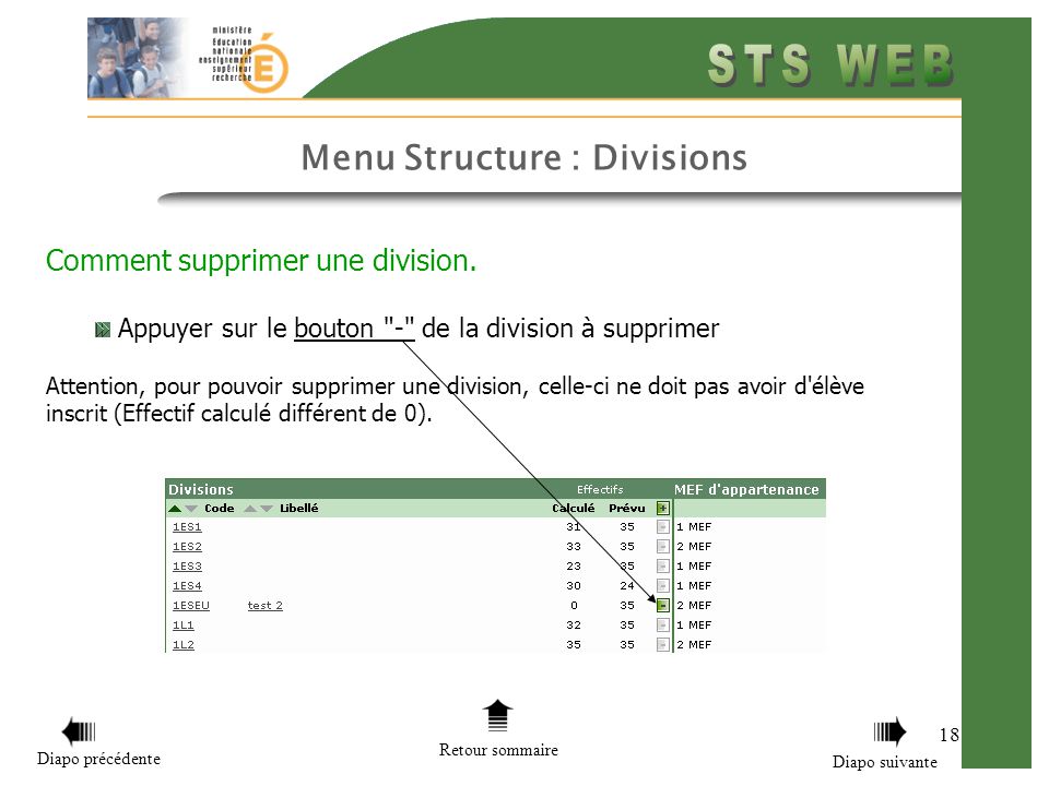 Menu Structure : Divisions 18 Comment supprimer une division.