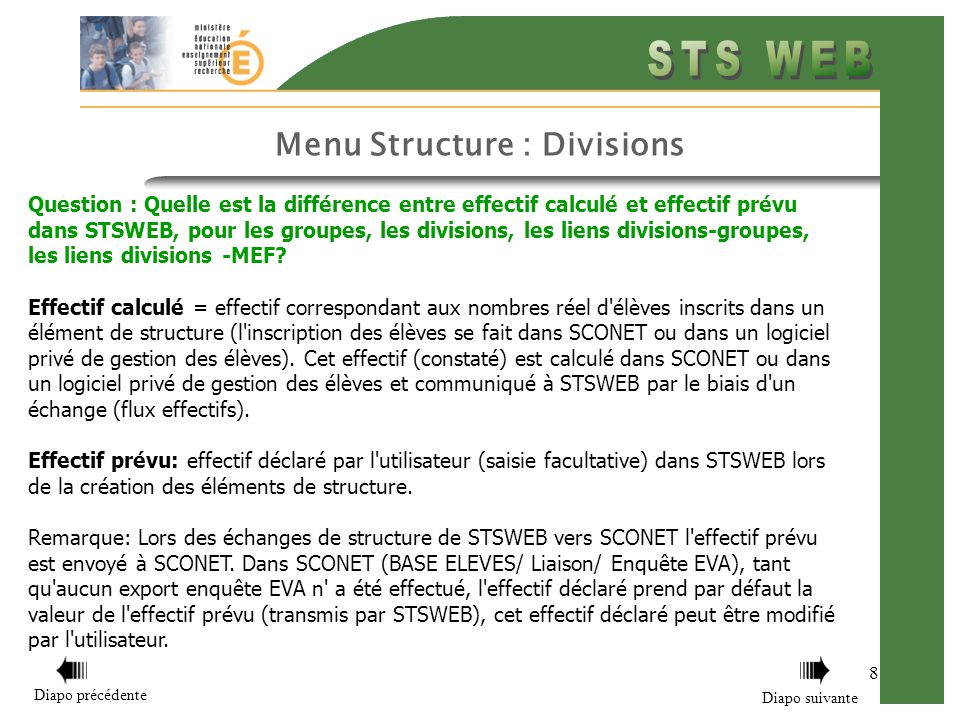 Menu Structure : Divisions 8 Question : Quelle est la différence entre effectif calculé et effectif prévu dans STSWEB, pour les groupes, les divisions, les liens divisions-groupes, les liens divisions -MEF.