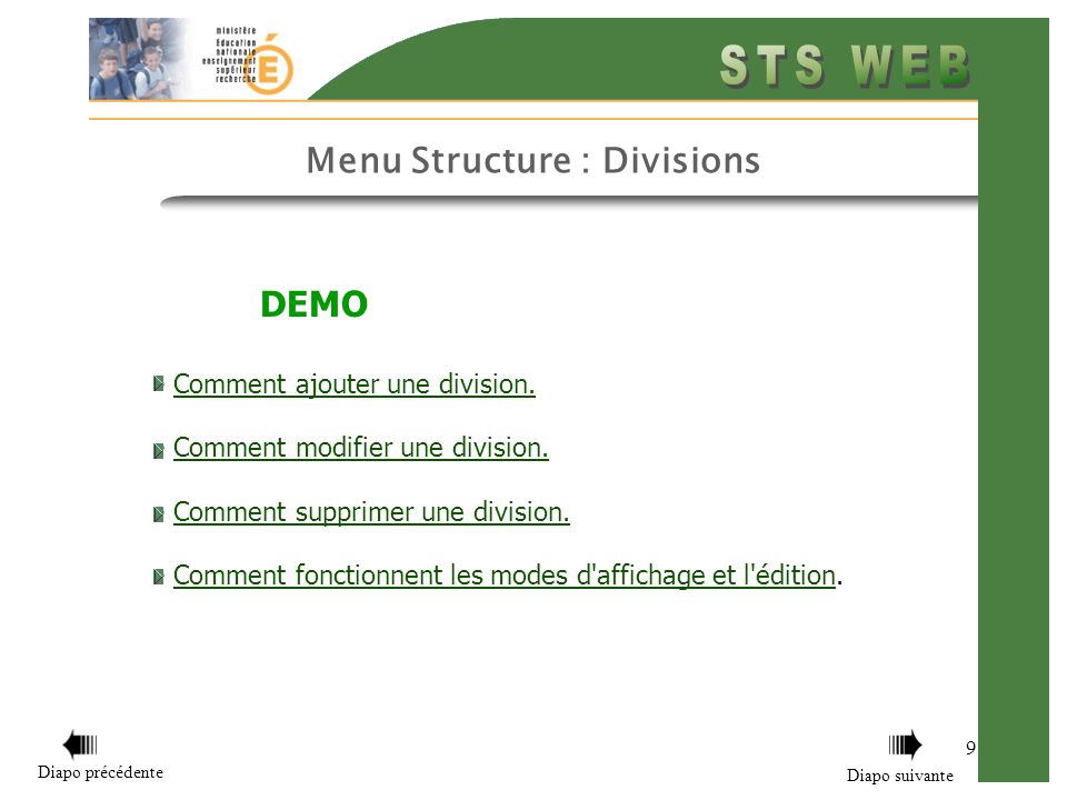 Menu Structure : Divisions 9 DEMO Comment ajouter une division.