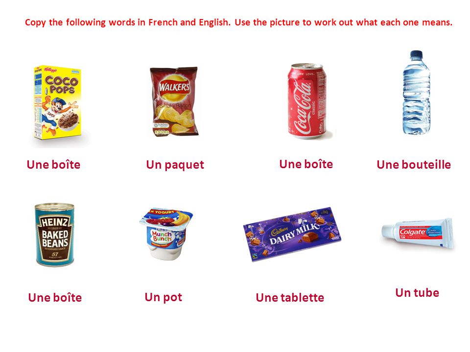 Copy the following words in French and English. Use the picture to work out what each one means.