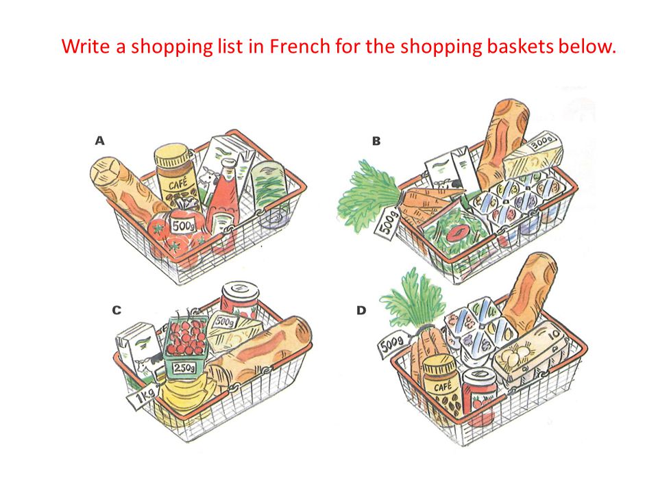 Write a shopping list in French for the shopping baskets below.