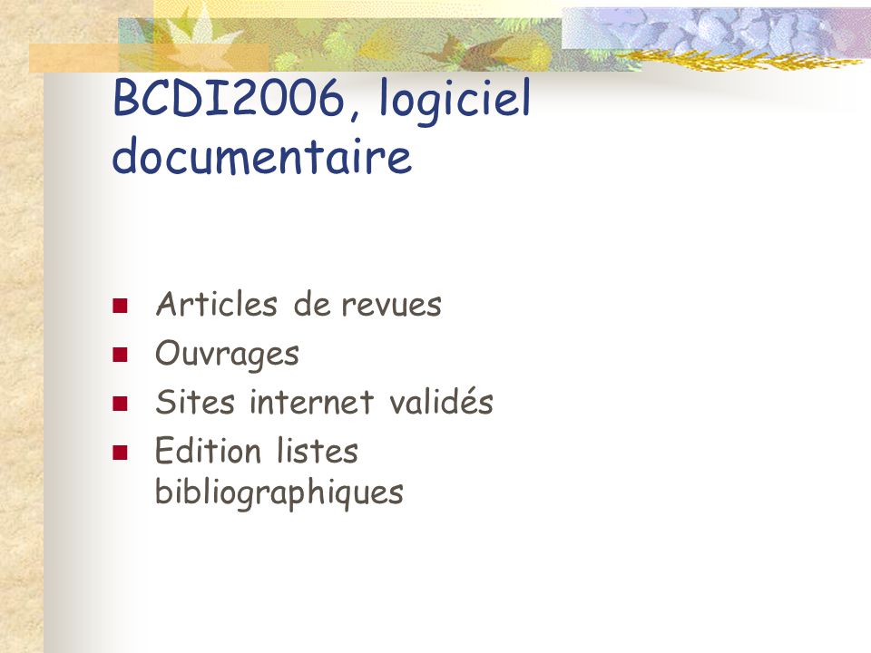 BCDI2006, logiciel documentaire Articles de revues Ouvrages Sites internet validés Edition listes bibliographiques