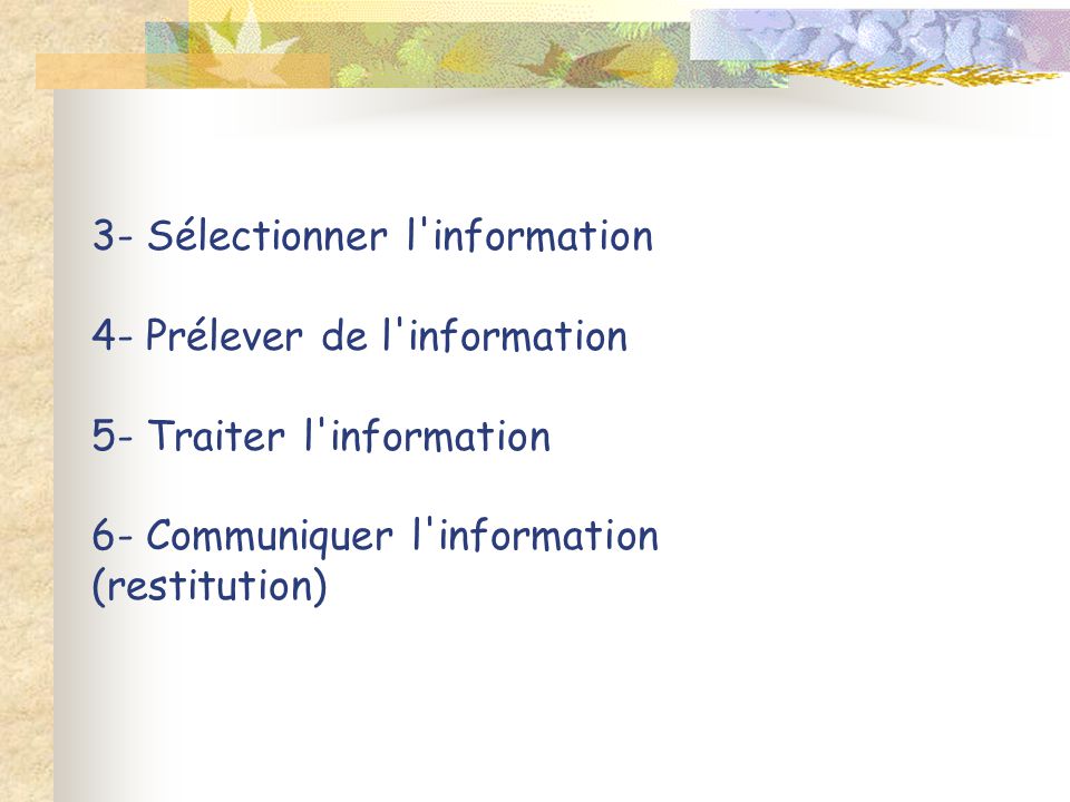 3- Sélectionner l information 4- Prélever de l information 5- Traiter l information 6- Communiquer l information (restitution)