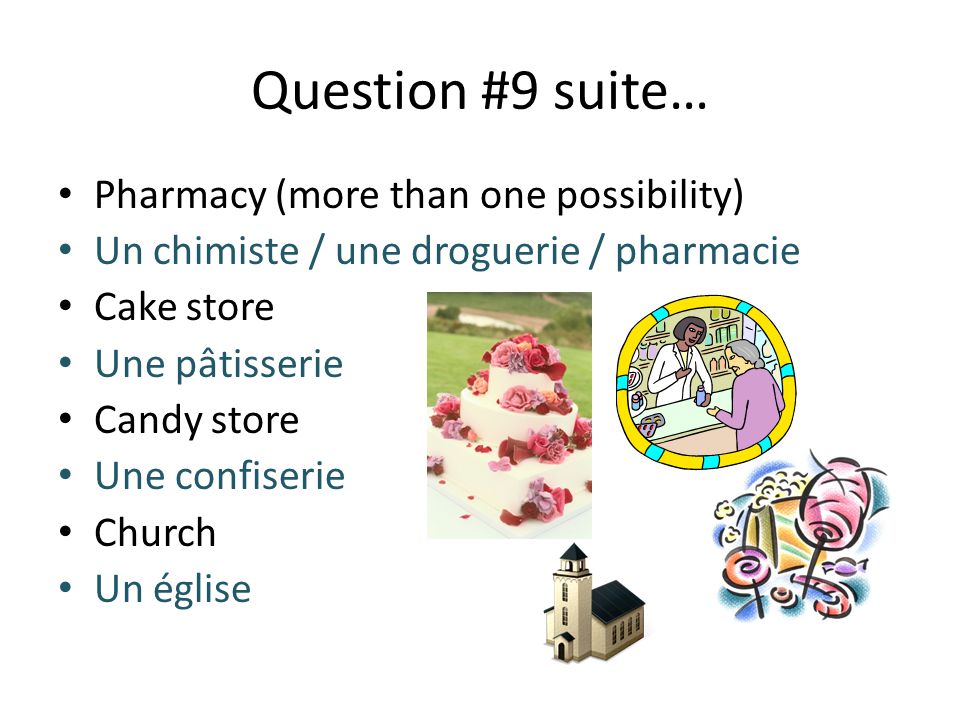 Question #9 suite… Pharmacy (more than one possibility) Un chimiste / une droguerie / pharmacie Cake store Une pâtisserie Candy store Une confiserie Church Un église