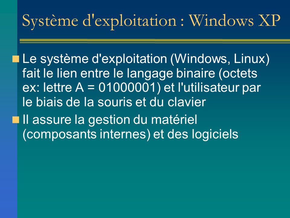 Système d exploitation : Windows XP Le système d exploitation (Windows, Linux) fait le lien entre le langage binaire (octets ex: lettre A = ) et l utilisateur par le biais de la souris et du clavier Il assure la gestion du matériel (composants internes) et des logiciels