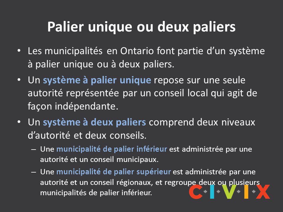 Palier unique ou deux paliers Les municipalités en Ontario font partie d’un système à palier unique ou à deux paliers.