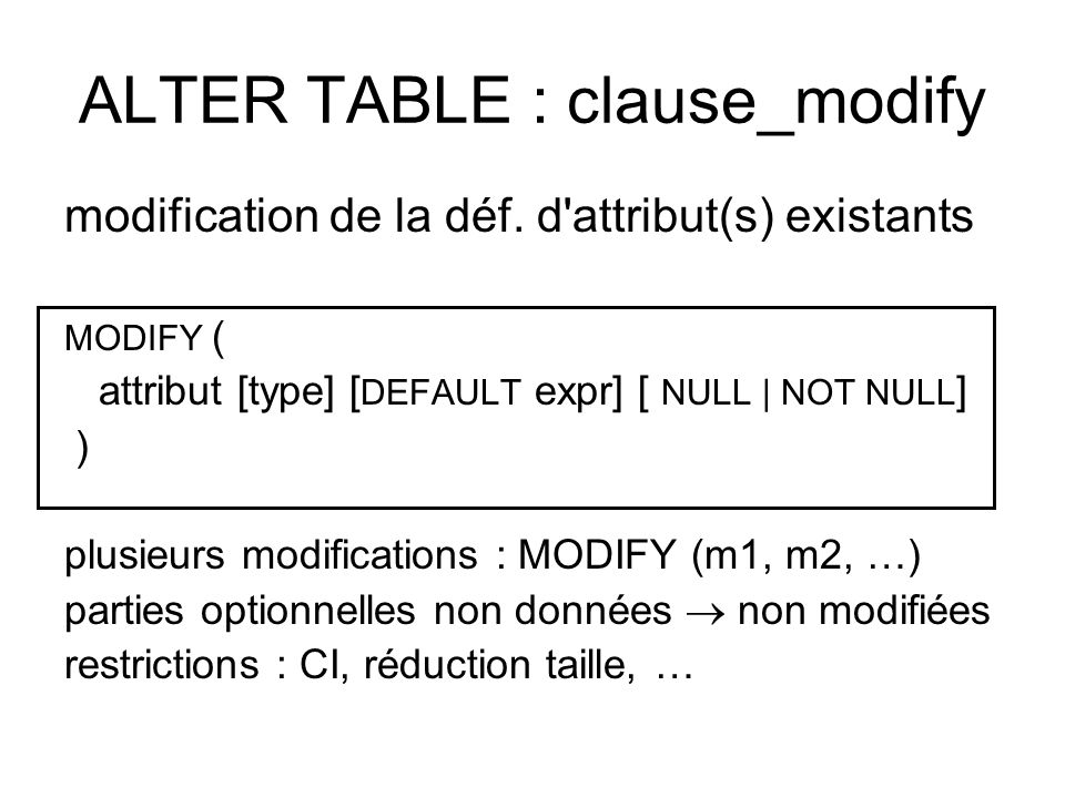 ALTER TABLE : clause_modify modification de la déf.