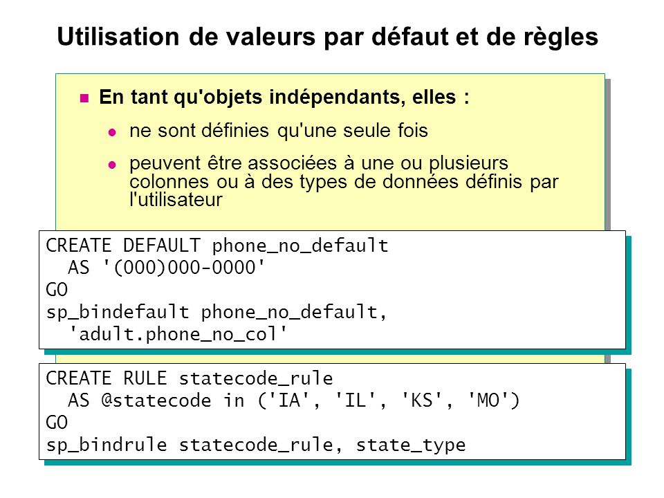 Utilisation de valeurs par défaut et de règles En tant qu objets indépendants, elles : ne sont définies qu une seule fois peuvent être associées à une ou plusieurs colonnes ou à des types de données définis par l utilisateur CREATE DEFAULT phone_no_default AS (000) GO sp_bindefault phone_no_default, adult.phone_no_col CREATE RULE statecode_rule in ( IA , IL , KS , MO ) GO sp_bindrule statecode_rule, state_type